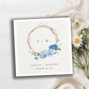 Serviette En Papier Monogramme Mariage en bois floral bleu vif