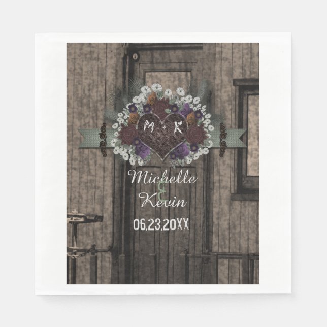 Serviette En Papier Monogramme Mariage Floral Automne Rustique (Devant)
