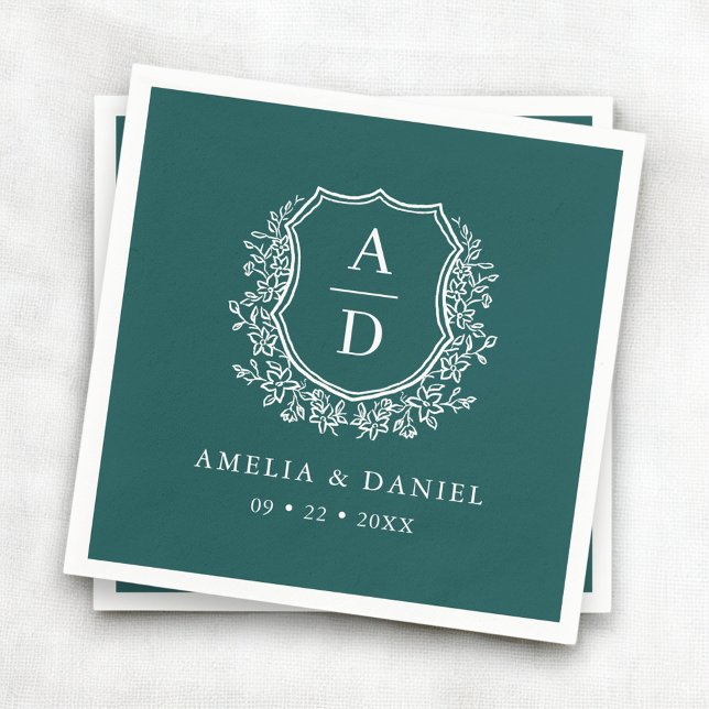 Serviette En Papier Monogramme Mariage floral Emerald Green Crest (Créateur téléchargé)