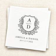 Serviette En Papier Monogramme Mariage Floral Noir Blanc