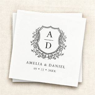 Serviette En Papier Monogramme Mariage Floral Noir Blanc