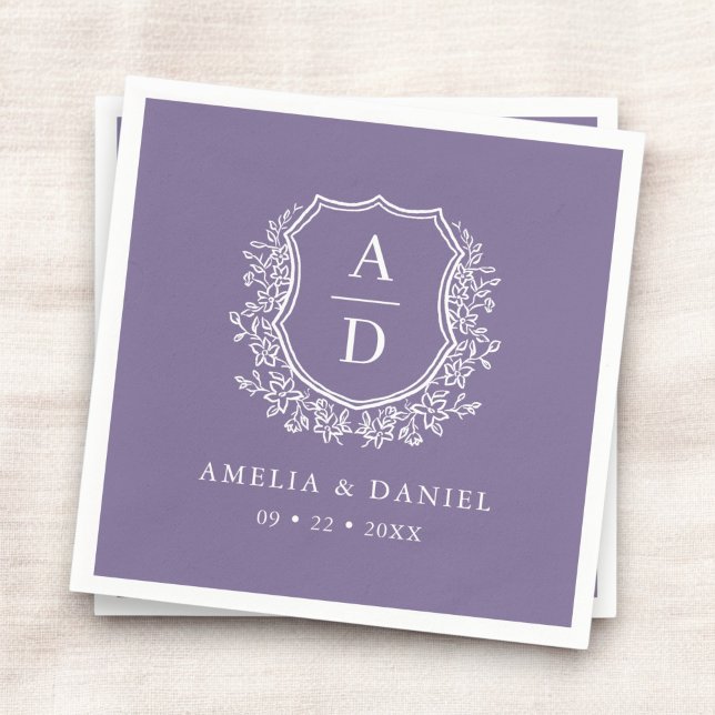 Serviette En Papier Monogramme Mariage floral pourpre Crest (Créateur téléchargé)