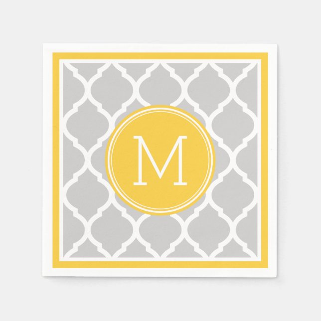 Serviette En Papier Monogramme Mariage gris et jaune de Quatrefoil (Devant)
