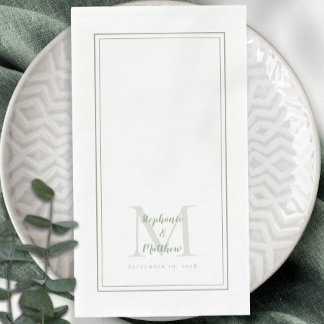 Serviette En Papier Monogramme Mariage moderne Noms et Date Sage Vert