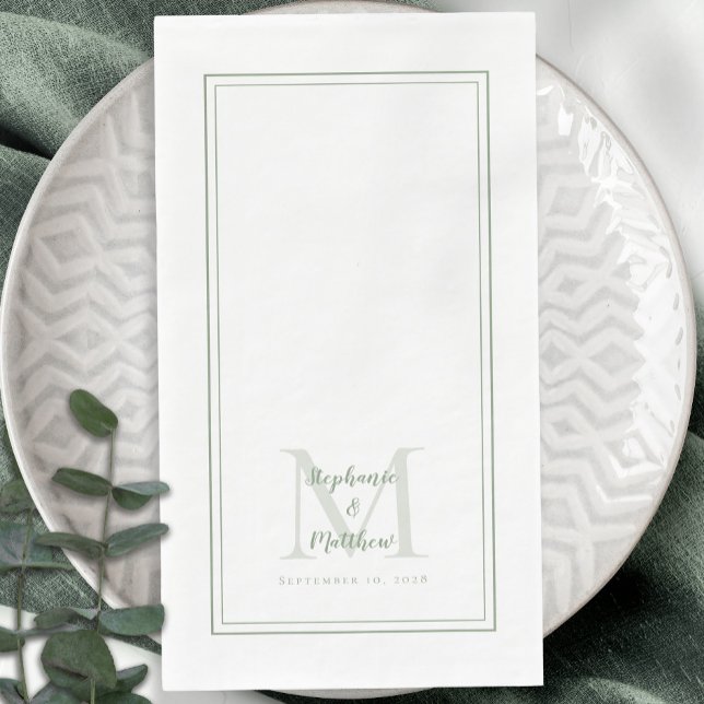 Serviette En Papier Monogramme Mariage moderne Noms et Date Sage Vert (Créateur téléchargé)