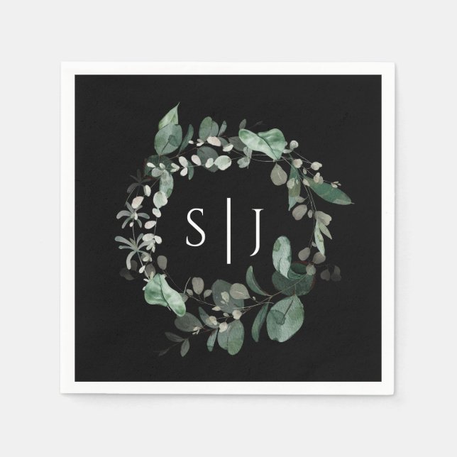 Serviette En Papier Monogramme Mariage noir vert moderne (Devant)