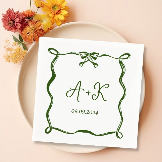 Serviette En Papier Monogramme Mariage vert français tiré à la main (Créateur téléchargé)