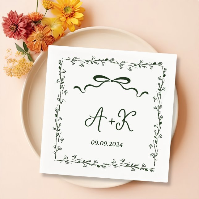 Serviette En Papier Monogramme Mariage vert français tiré à la main (Créateur téléchargé)