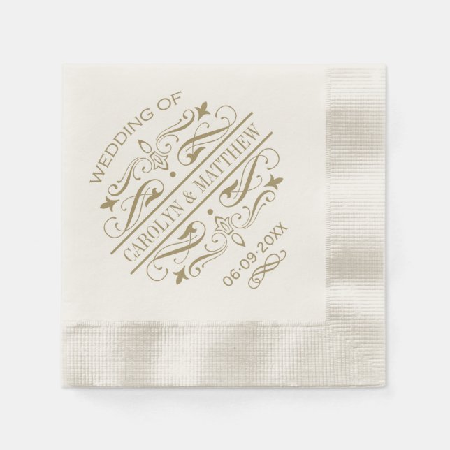 Serviette En Papier Monogramme Mariage vintage d'or (Devant)