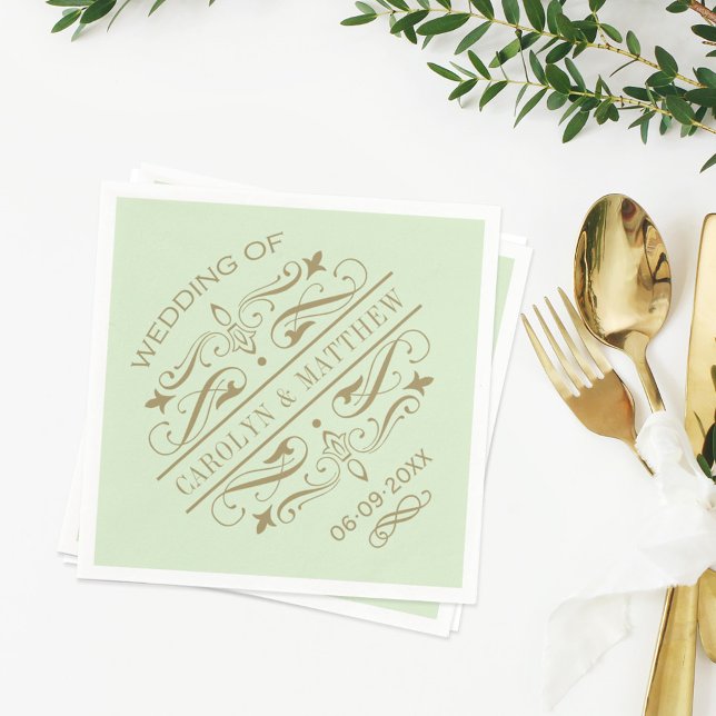 Serviette En Papier Monogramme Mariage vintage vert antique (Créateur téléchargé)