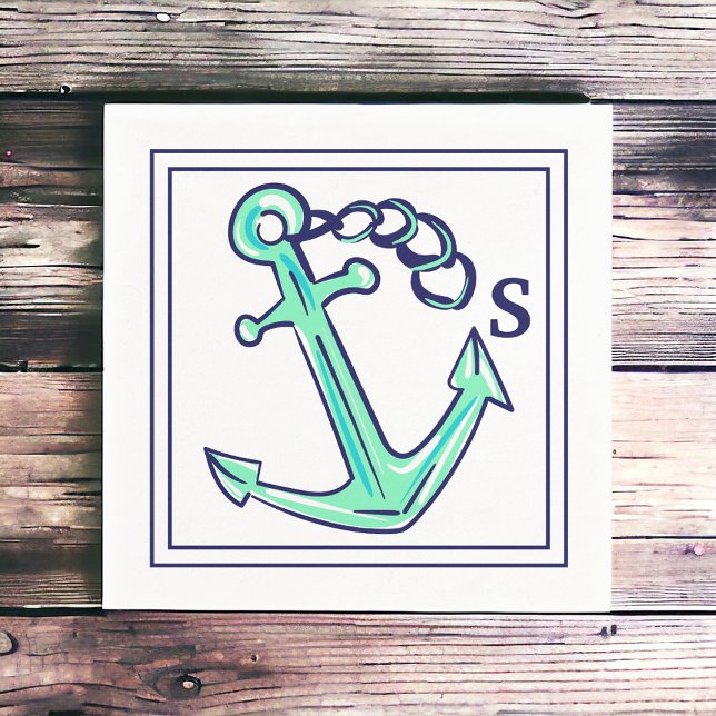 Serviette En Papier Monogramme Marine Ancre verte Bateau nautique Côté (Créateur téléchargé)