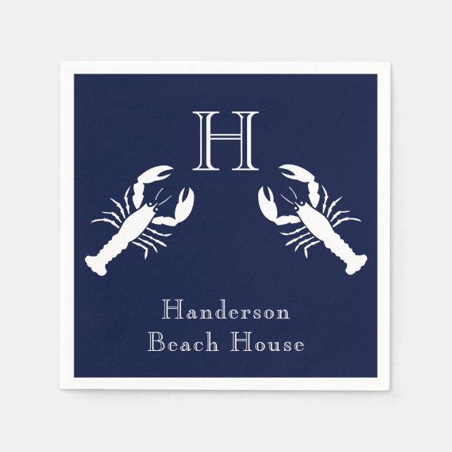 Serviette En Papier Monogramme Marine Bleu Bleu Homard Nautique (Devant)