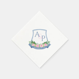 Serviette En Papier Monogramme Marine Bleu rose Roses Mariage Crest
