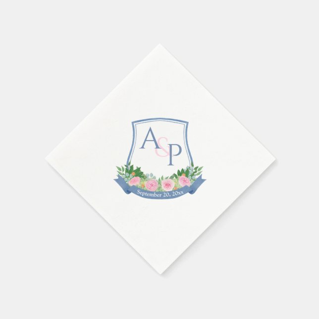 Serviette En Papier Monogramme Marine Bleu rose Roses Mariage Crest (Coin)