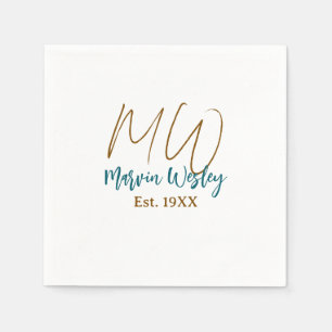 Serviette En Papier Monogramme marron bleu turquoise année simple mini