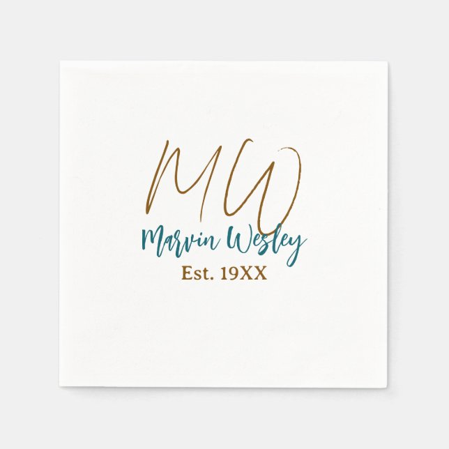 Serviette En Papier Monogramme marron bleu turquoise année simple mini (Devant)
