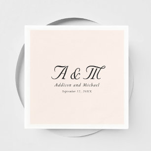 Serviette En Papier Monogramme, Minimal, Élégant, Bleu-Beige, Mariage
