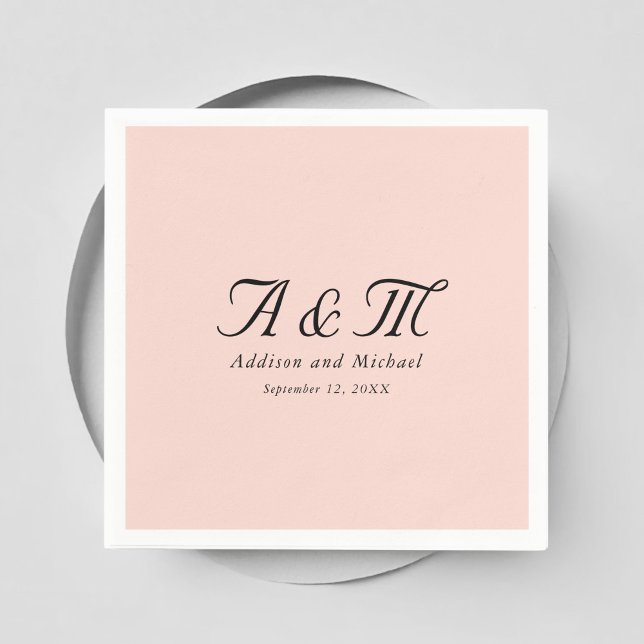 Serviette En Papier Monogramme, Minimal, Élégant, Rose Clair, Mariage (Monogram, Minimal, Elegant, Blush Pink, Wedding Napkins with your name and date.)