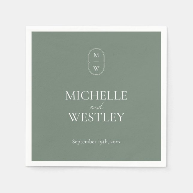 Serviette En Papier Monogramme minimaliste Mariage vert (Devant)