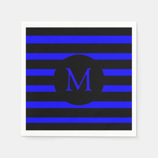 Serviette En Papier Monogramme moderne à rayures bleues et noires (Devant)
