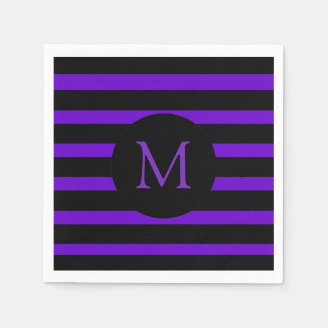 Serviette En Papier Monogramme moderne à rayures violettes et noires (Devant)