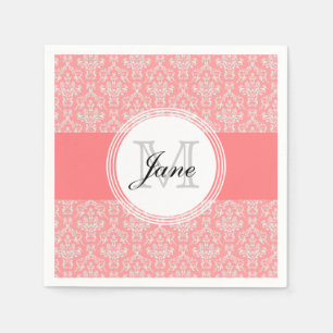 Serviette En Papier Monogramme moderne Damask Napkin Corail