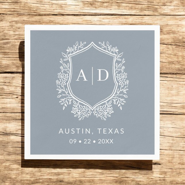 Serviette En Papier Monogramme moderne Mariage Dusty Blue Crest (Créateur téléchargé)