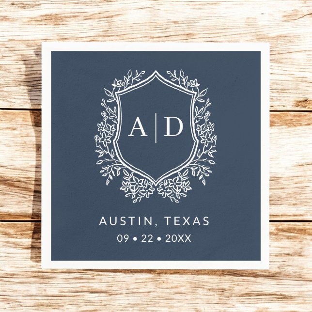 Serviette En Papier Monogramme moderne Mariage Marine Bleu Crest (Créateur téléchargé)