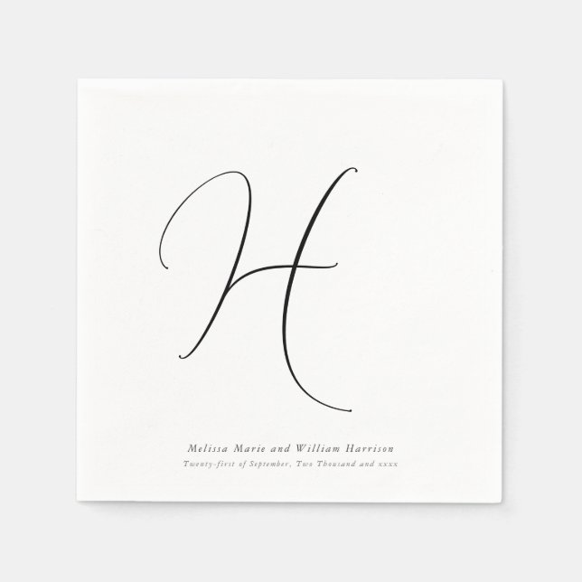 Serviette En Papier Monogramme moderne Mariage noir et blanc initial (Devant)