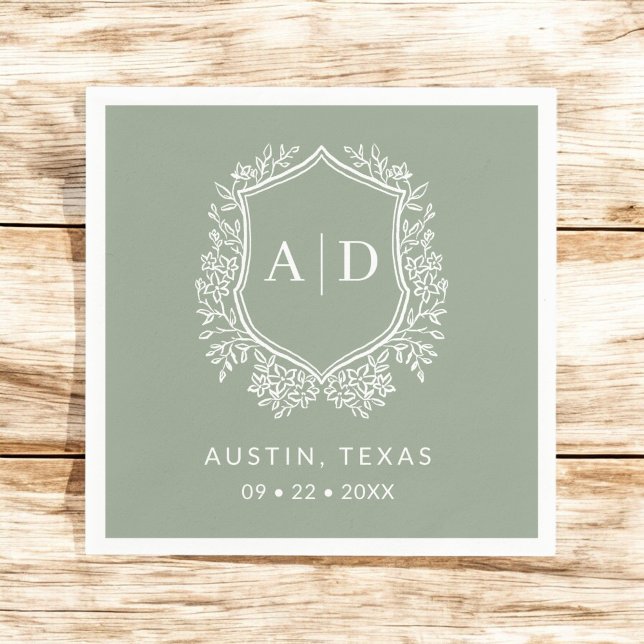 Serviette En Papier Monogramme moderne Mariage Sage Green Crest (Créateur téléchargé)