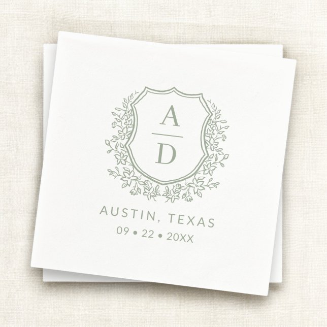 Serviette En Papier Monogramme moderne Mariage Sage Green Crest (Créateur téléchargé)