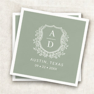 Serviette En Papier Monogramme moderne Mariage Sage Green Crest