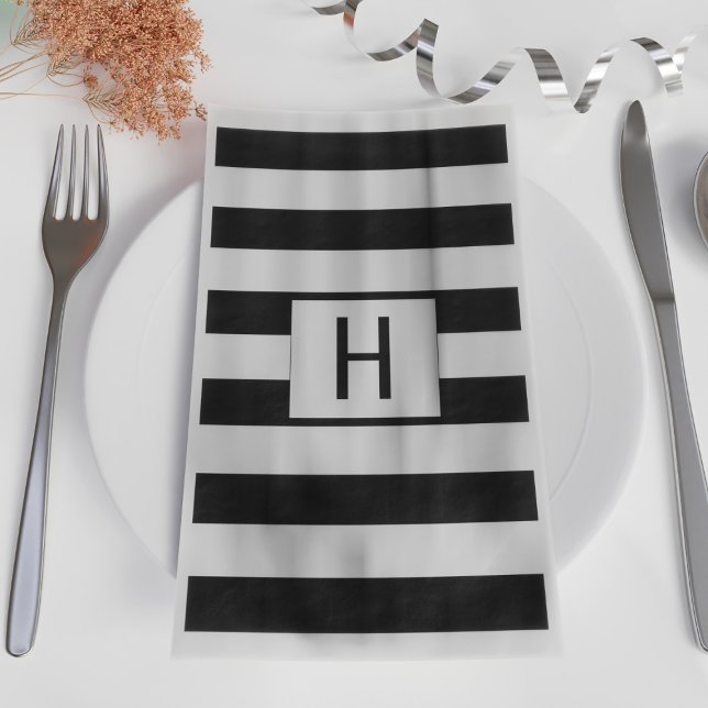 Serviette En Papier Monogramme moderne rayé noir et blanc (Créateur téléchargé)