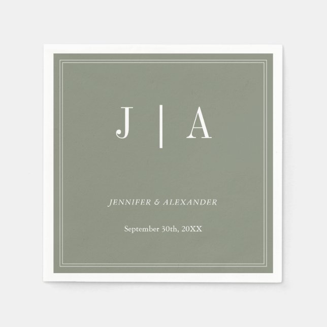 Serviette En Papier Monogramme Moderne Simple Vert Sauge Blanc Mariage (Devant)