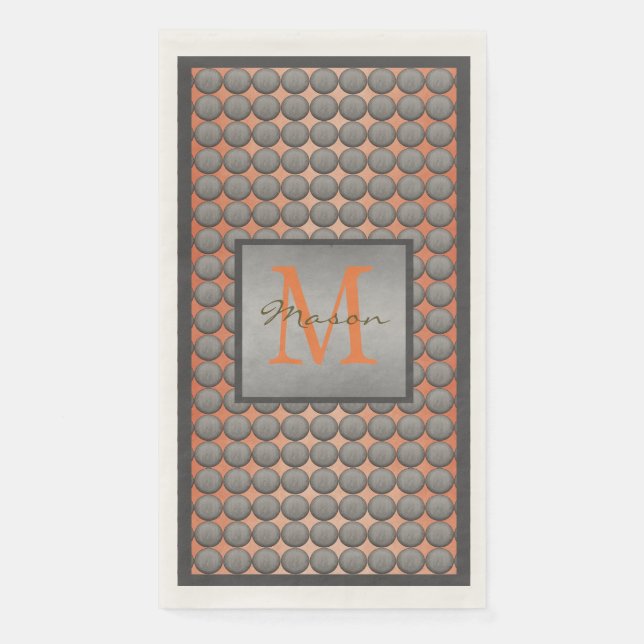 Serviette En Papier Monogramme Motif à points orange et gris Polka (Devant)