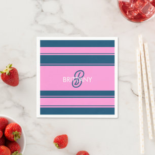 Serviette En Papier Monogramme Motif de bandes bleu et rose