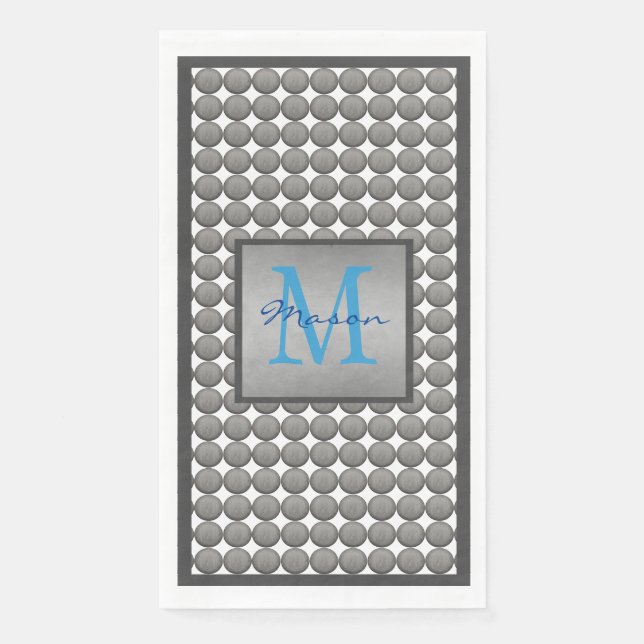 Serviette En Papier Monogramme Motif de points Polka bleu et gris (Devant)
