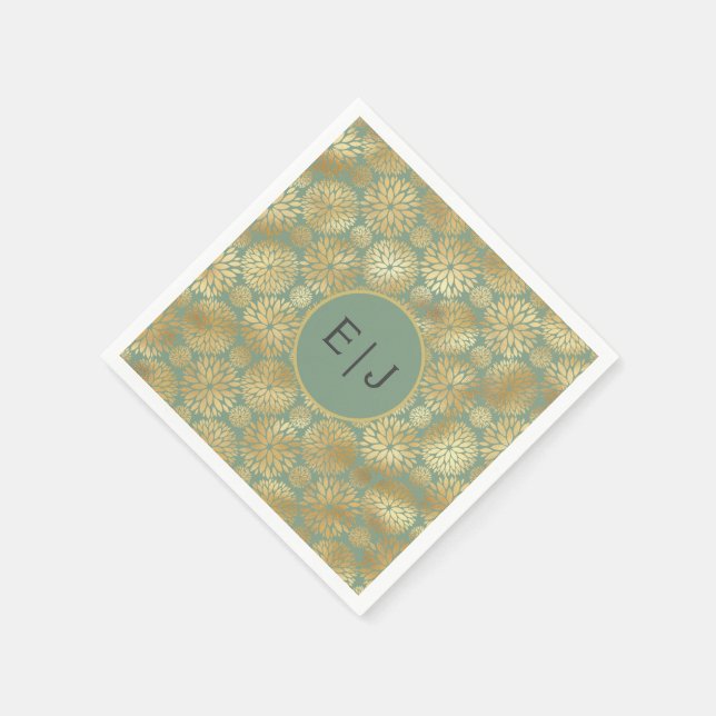 Serviette En Papier Monogramme Motif élégant pour Dahlias Vert & Or (Coin)