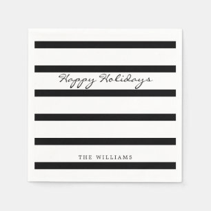Serviette En Papier Monogramme noir & blanc moderne Stripe Happy Holid