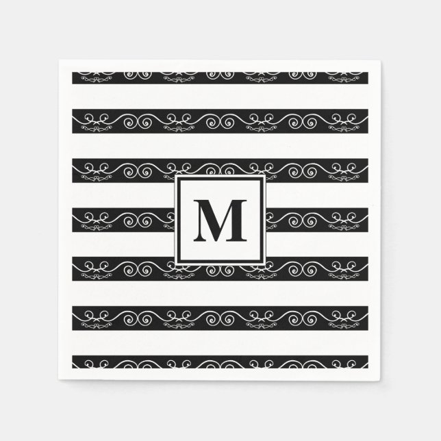 Serviette En Papier Monogramme Noir Blanc rayé (Devant)