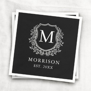 Serviette En Papier Monogramme Noir Crest Mariage botanique moderne