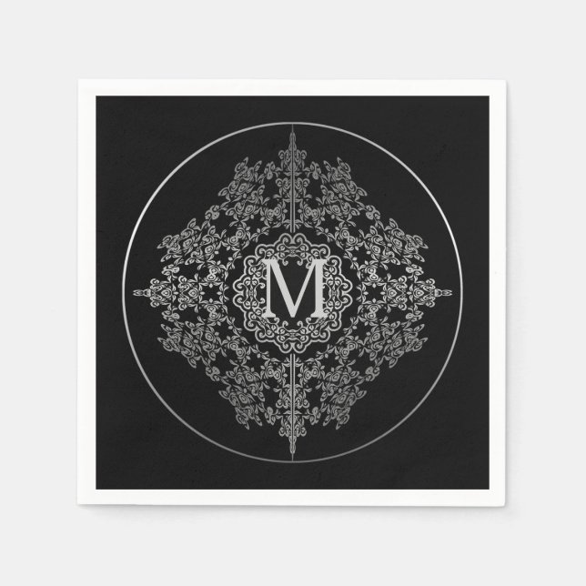 Serviette En Papier Monogramme noir et argent Filigree Motif Napkins (Devant)