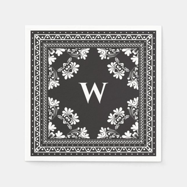 Serviette En Papier monogramme noir et blanc bandanna motif (Devant)