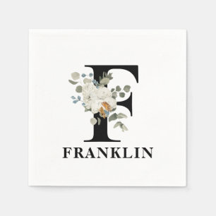 Serviette En Papier Monogramme noir floral blanc F