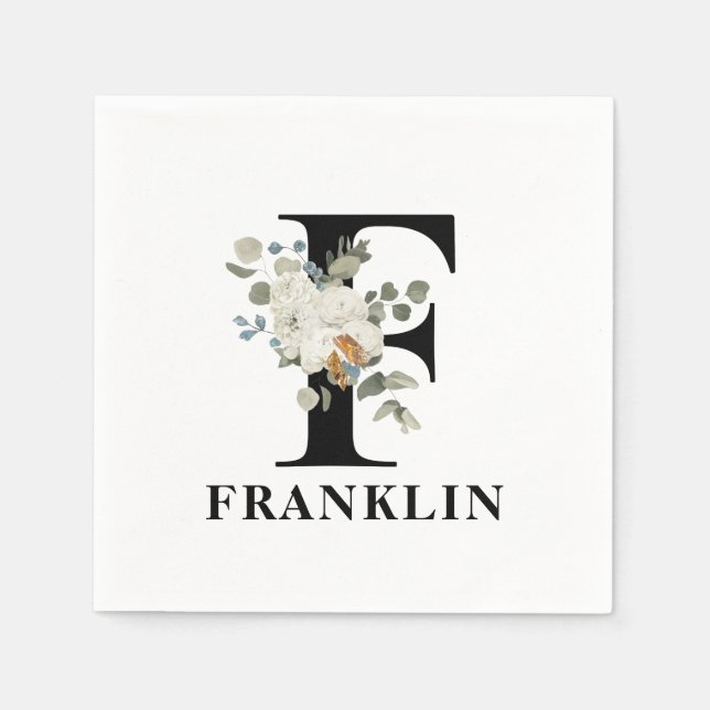 Serviette En Papier Monogramme noir floral blanc F (Devant)