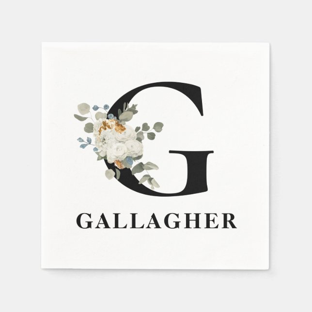 Serviette En Papier Monogramme noir floral blanc G (Devant)