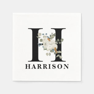 Serviette En Papier Monogramme noir floral blanc H