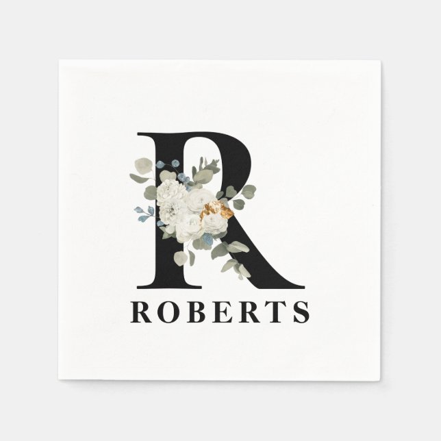 Serviette En Papier Monogramme noir floral blanc R (Devant)