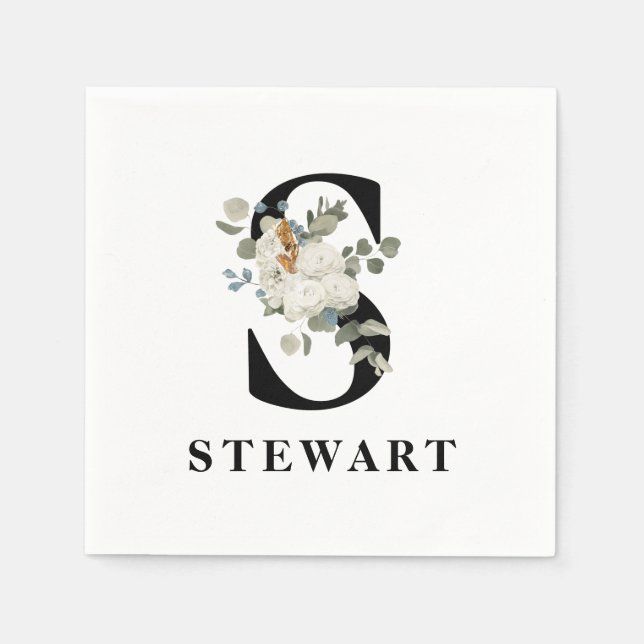 Serviette En Papier Monogramme noir floral blanc S (Devant)