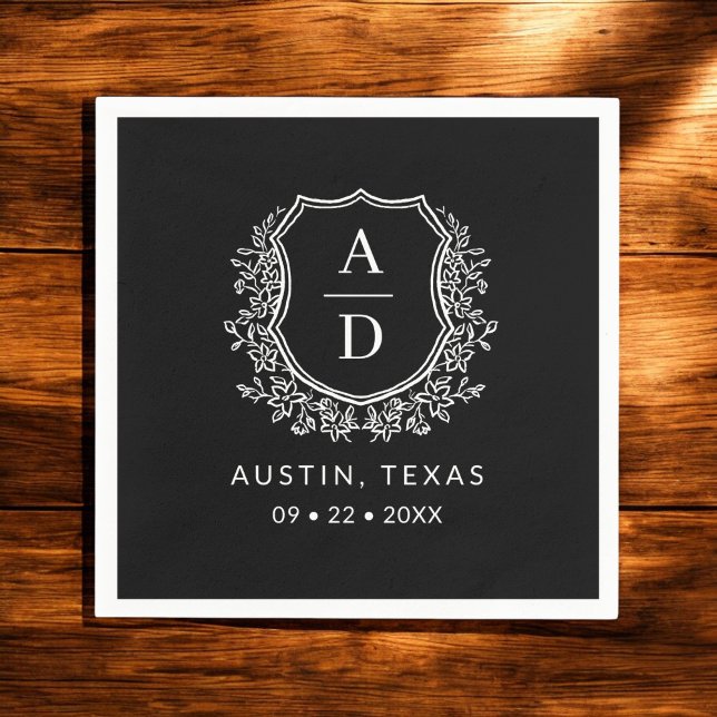 Serviette En Papier Monogramme noir Mariage floral (Créateur téléchargé)
